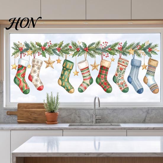Waterproof Glass Decals for Holidays Christmas Stockings Window Sticker, Static Cling Removable Decal, Seasonal Decorations PVC Decal Doors,