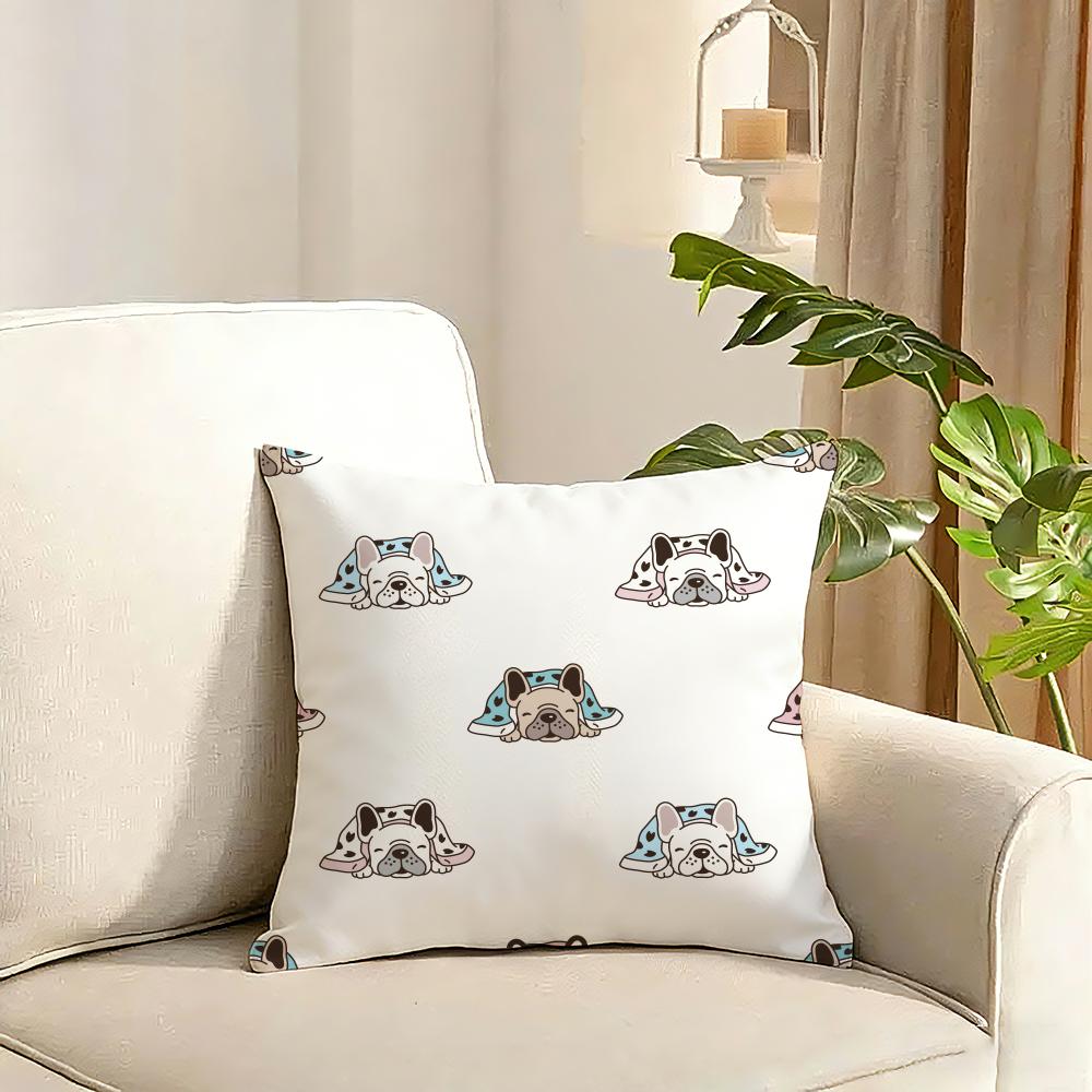 Cartoon French Bulldog Pattern Cushion Cover Reversible Plush Pillow Cover Soft Fluffy Home Decor for Sofa Bedroom