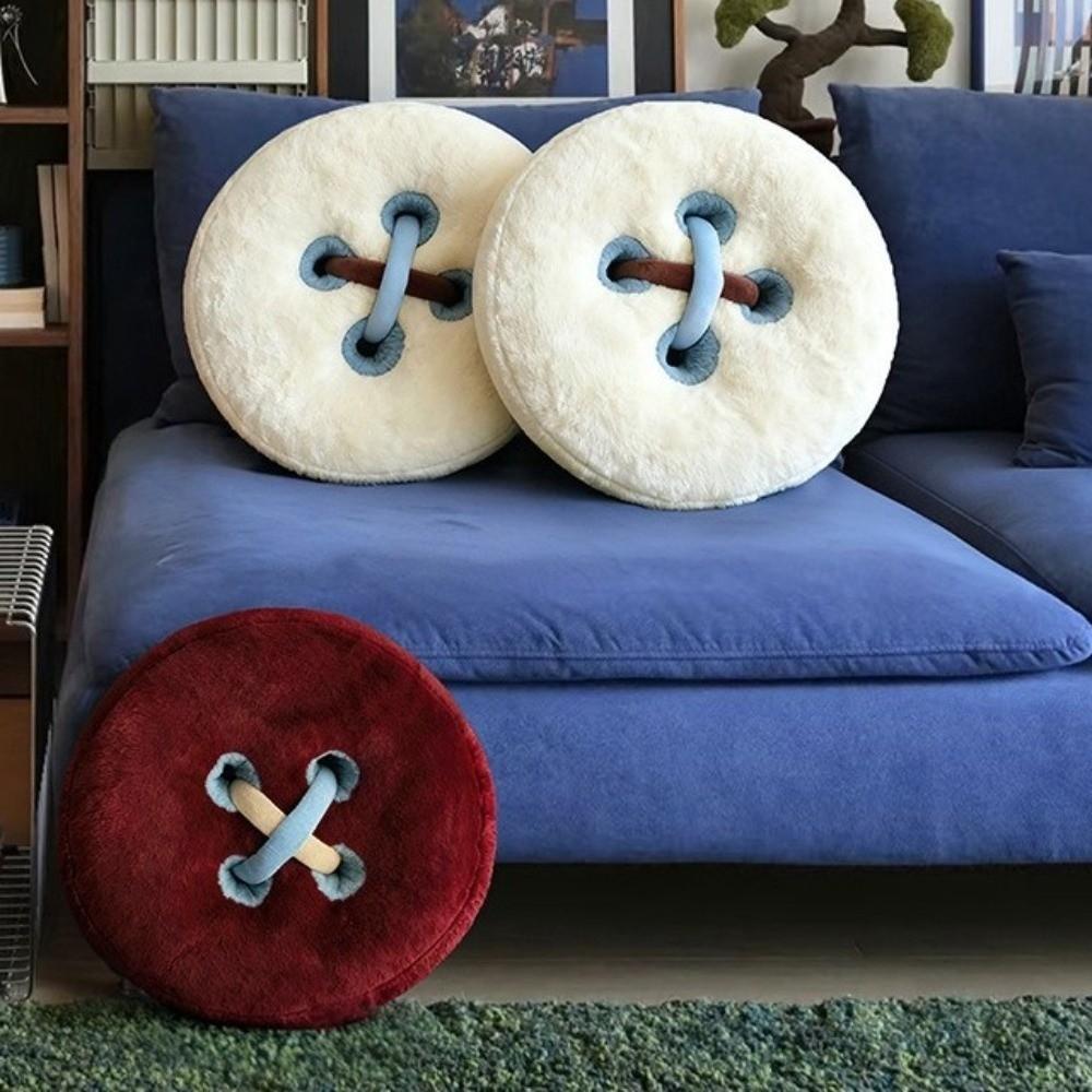 Fluffy Texture Button Accent Pillow Round Sofa Cushion Cozy Stuffed Cushion  Home Decor