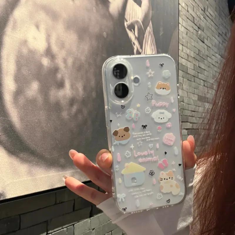Чехол для телефона для iPhone 17 17E 16E Air 16 15 14 13 Pro Max 12 11 Plus Y2K Кавайный Корейский Мультяшный Капля Дождя Щенячье Сердце Прочный Чехол
