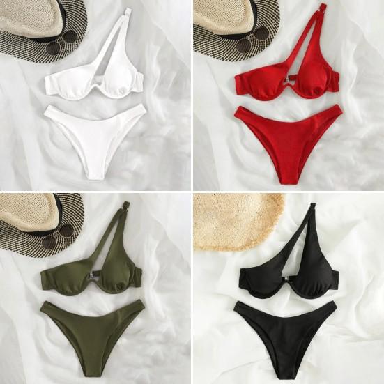 2Pcs/Set Women Sexy Bikini Set Solid Color One-shoulder Bra High Waist Briefs