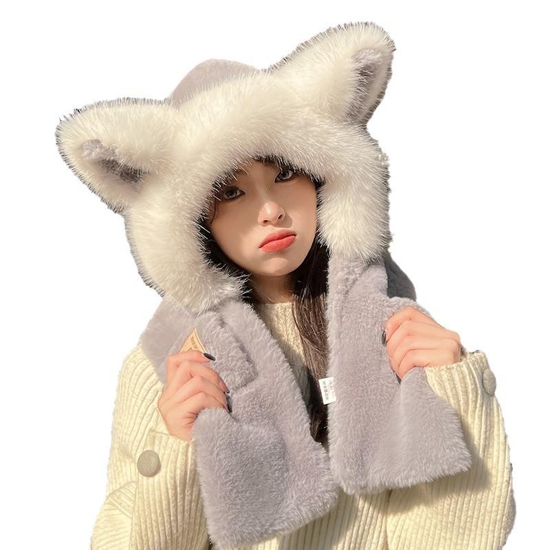 Plush thermal hat children winter cute little fox thickened ear protector pullover hat scarf integrated cycling cold hat