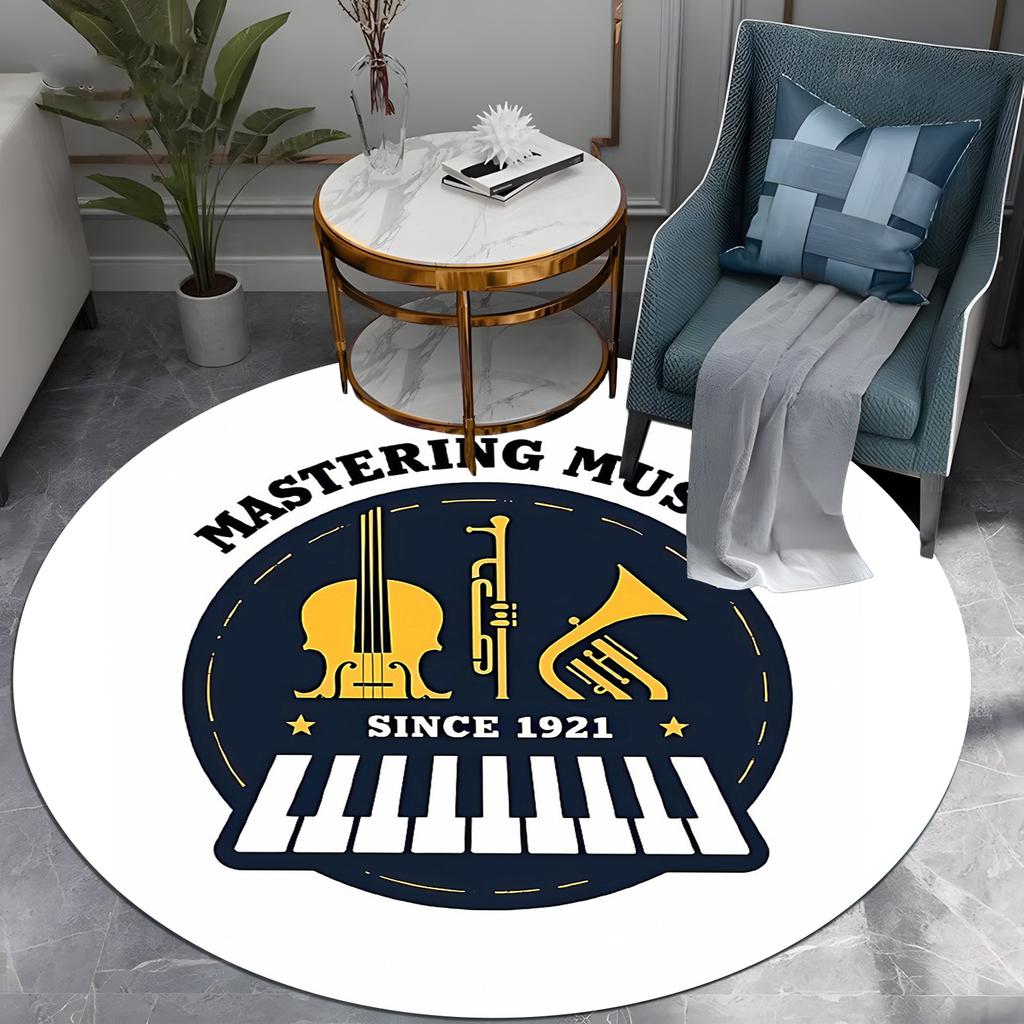 Винтажный Круглый Ковер для Музыкальной Студии Дизайн Mastering Since 1921 со Скрипкой и Саксофоном, Сине-Желтый Ретро Ковер, Декор для Дома Музыканта