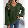 Women's Autumn and Winter Solid Color V-neck Button Twist Lantern Sleeve Pullover Sweater