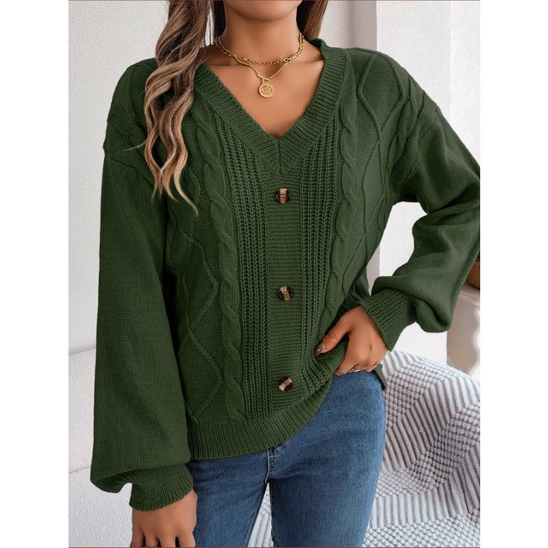 Women's Autumn and Winter Solid Color V-neck Button Twist Lantern Sleeve Pullover Sweater