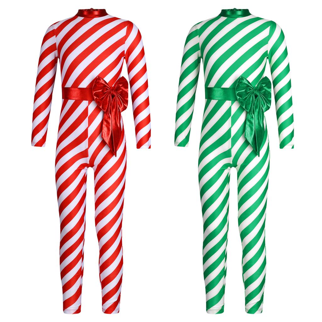 Kids Girls Candy Cane Striped Christmas Costume Long Sleeve Bow-knot Long Bodysuit Dance Jumpsuit Costume Dancewear