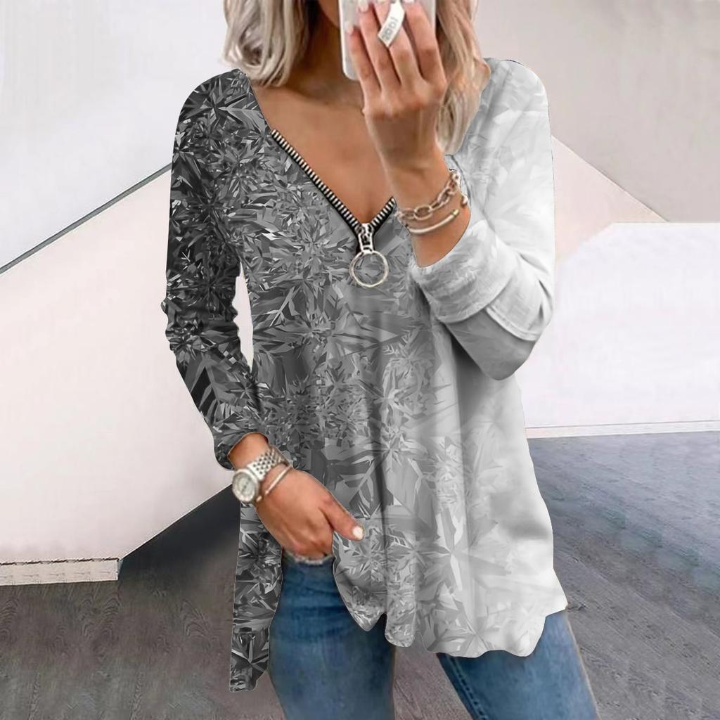 Women Autumn Gradient Glitter Printed Long Sleeve T-Shirts Loose V-Neck Plus Size Tee Shirt Tops Comfy Blouse