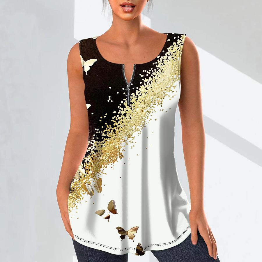 Женская мода, рубашки с v-образным вырезом, повседневные топы, футболка, женский жилет с 3D принтом золотой бабочки, блузка без рукавов больших размеров, топы на бретелях