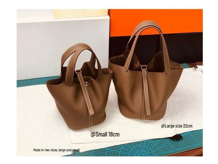 2025 Minimalist Veggie Basket Bag: Lychee Grain Cowhide, Fashionable & Spacious Handbag