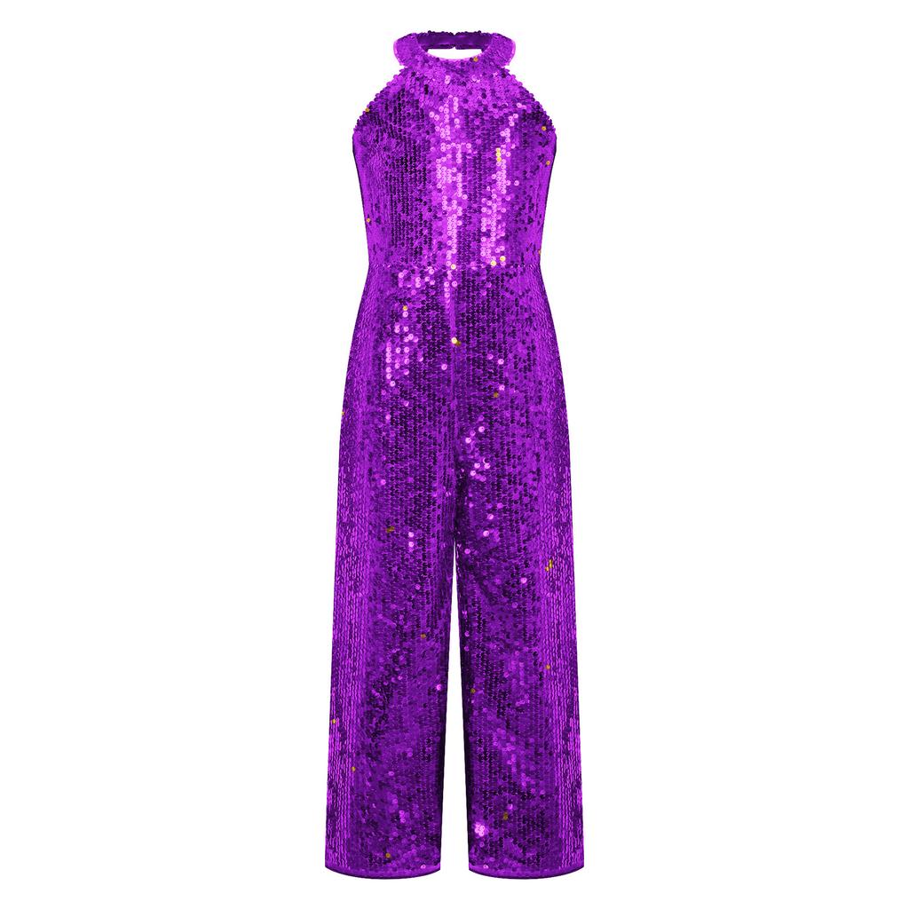 Girls Shiny Sequin Romper Halter Neck Wide Leg Pants One Piece Jumpsuit Sleeveless Party Dancing Outfit