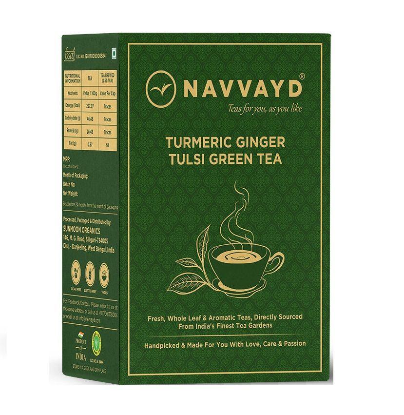 Зеленый чай с Куркумой, Имбирем и Тулси (100 г), Turmeric Ginger Tulsi Green Tea, Navvayd