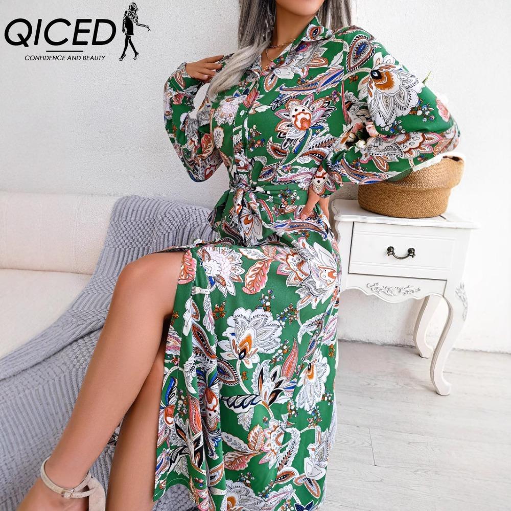 QICED Женское платье-рубашка с длинным рукавом и цветочным воротником в стиле ретро на весну-лето
