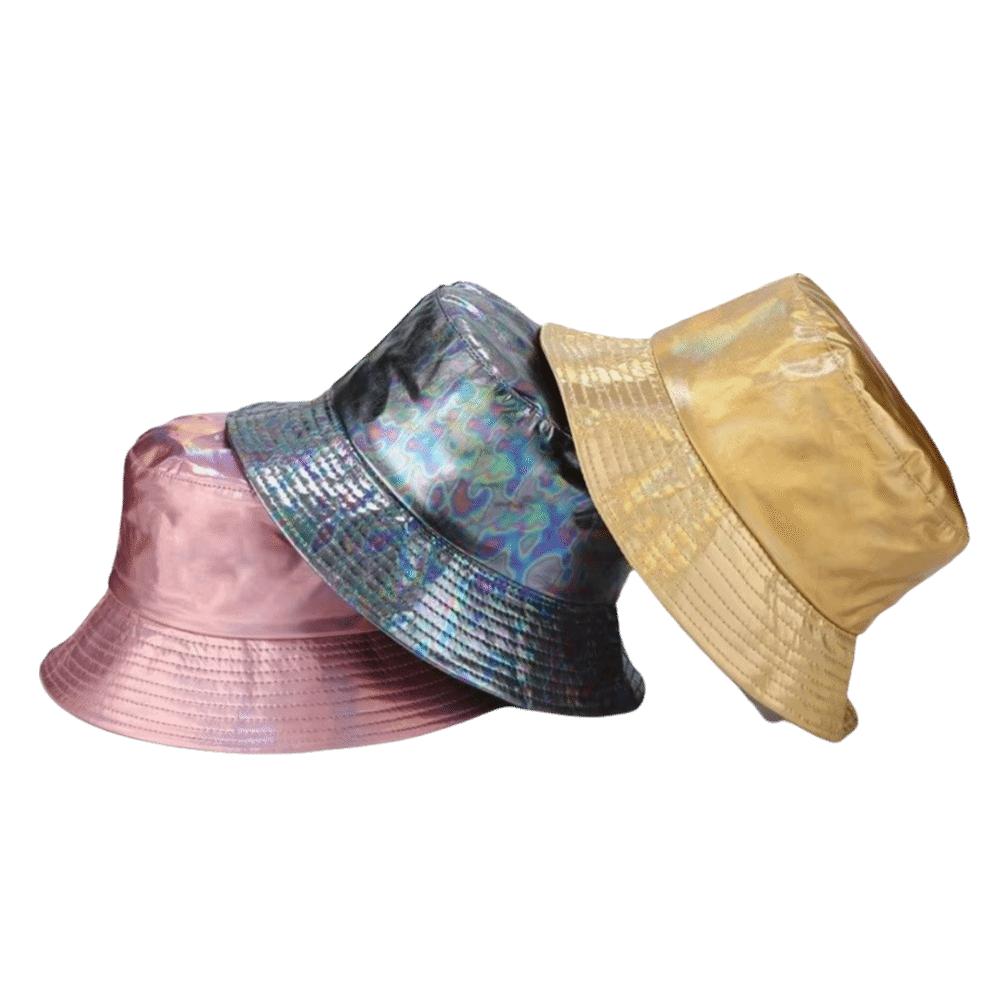 Leather Luminous Bucket Hat Wide Brim Single Sided Laser Rainbow Fisherman Hat Solid Color Silver Shiny Sun Cap Hip Hop Street