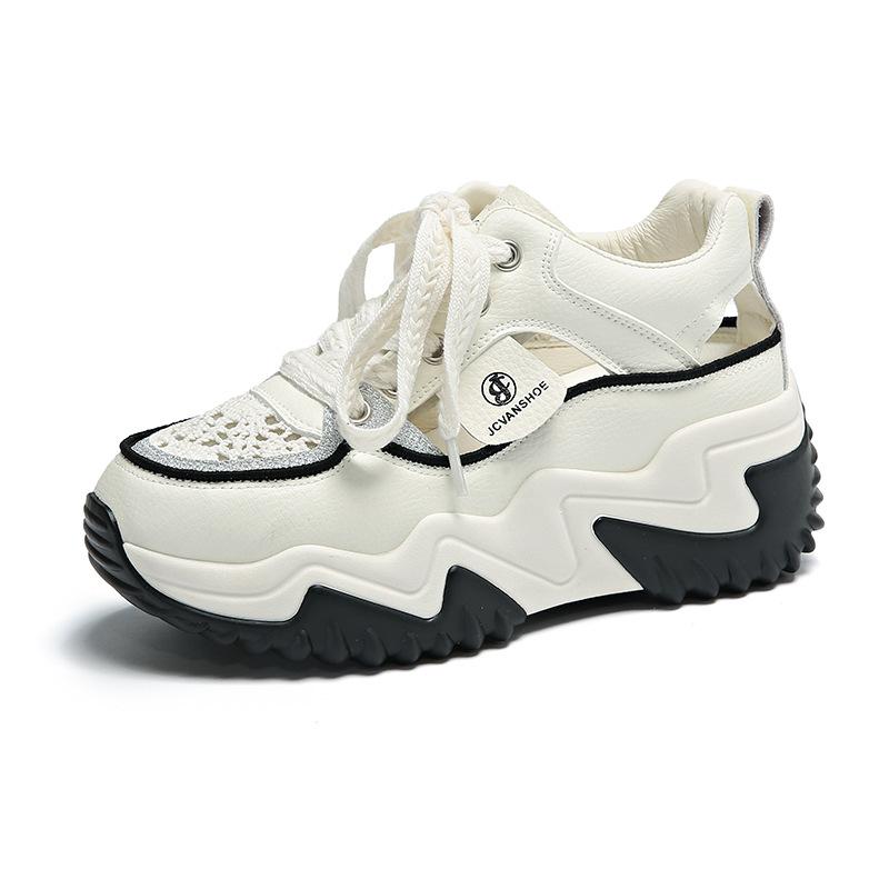 Настоящие кожаные дышащие сандалии Daddy, женские дырчатые туфли, летняя новая толстая подошва, увеличенная за счет повседневной спортивной обуви