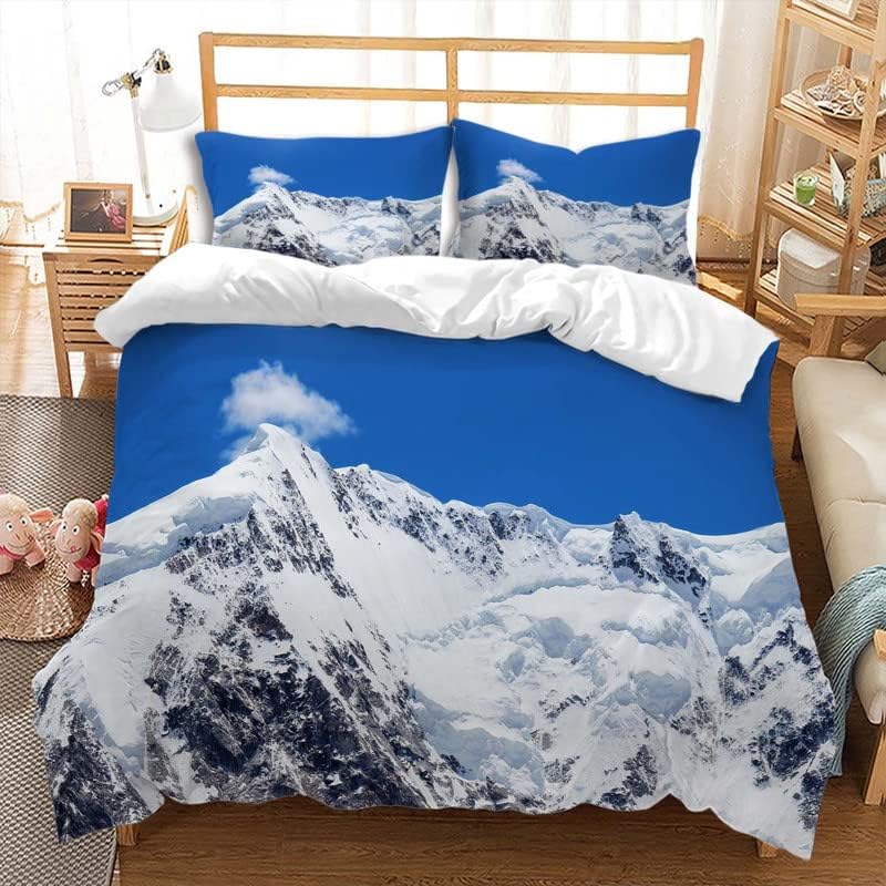 Snowy Mountain Duvet Cover Winter Snow Scene Bedding Set Full Queen Size Natural Snow Mountain Comforter Cover for Bedroom Decor