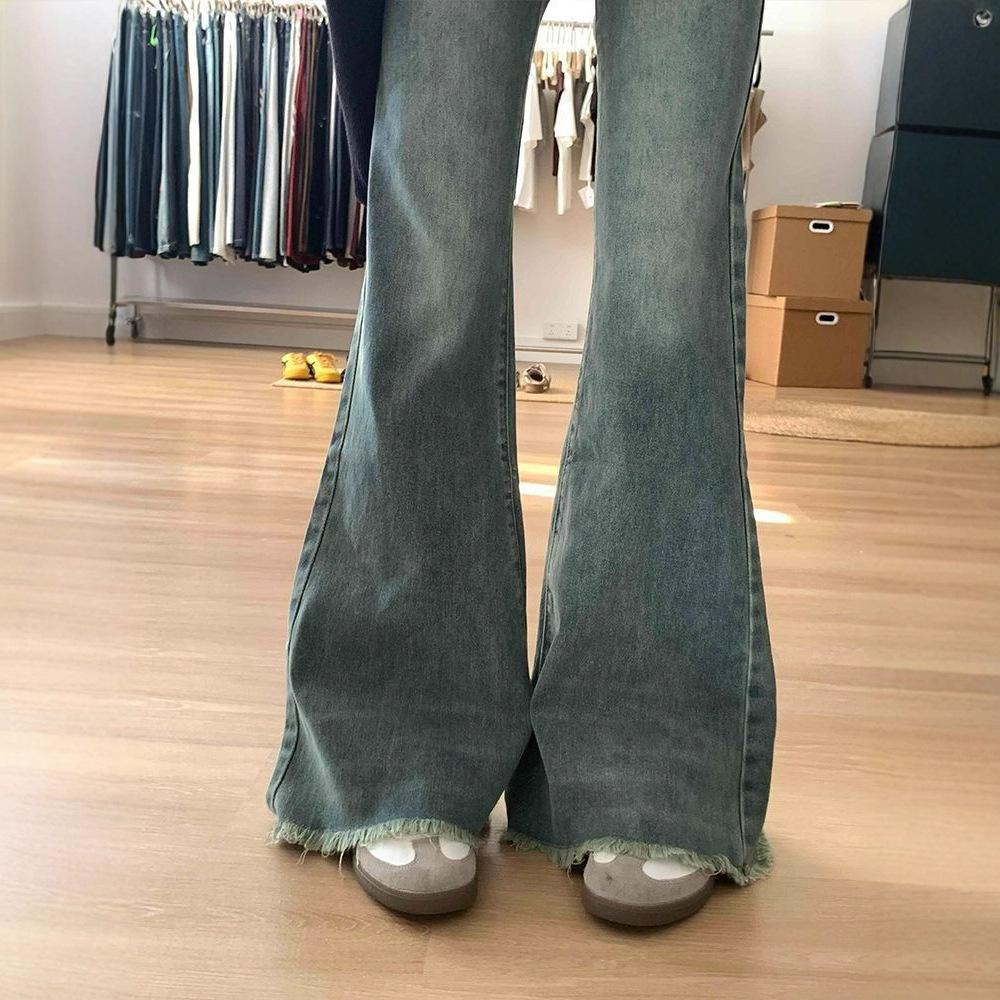 Horseshoe Raw Edge Mopping Pants Summer High Waist Slim Nostalgia Skinny Wide Leg Micro Flare Jeans Women Retro Street Style Baggy Jeans for Ladies
