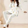 Women Plus Size Two Piece Set Front Zip Long Sleeve White Gold Silver Printed Top And Fitted Pants