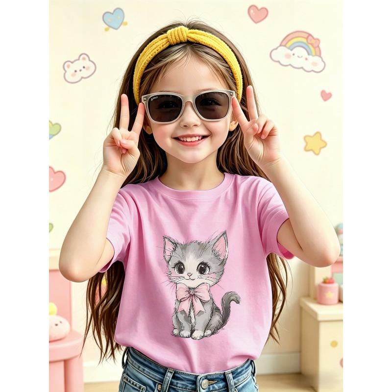 Girls Cute Kitten Cartoon Print Crewneck Short Sleeve Casual Summer Tee