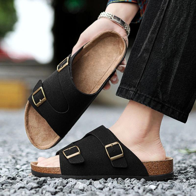 Модные тапочки мужские уличные высокого качества модные повседневные классические с двумя пряжками мужские женские унисекс шлепанцы большие размеры 35-46 мужские пробковые тапочки Sh