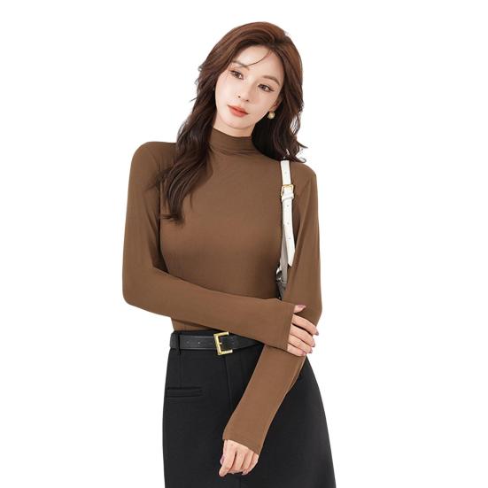 Women Bottoming Tops Half High Collar Long Sleeve Solid Color Slim Fit