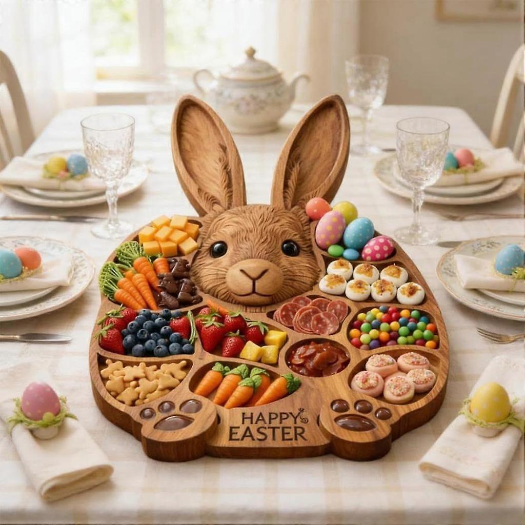 2026 Easter Bunny Wooden Charcuterie Board, Rabbit Wooden Deli Board, Cute Rabbit-Shaped Serving Tray with Compartments, Easter Party Holiday Snacks &