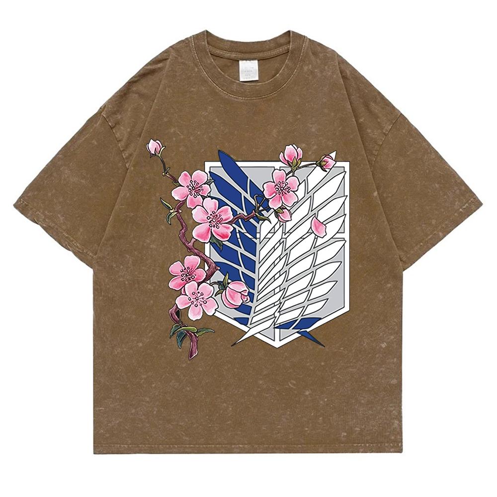 Цветы вишни и крылья свободы, вымытая ретро-футболка со снегом, мужская модная хлопковая одежда, футболки, хип-хоп, свободные повседневные топы