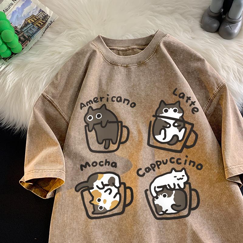 Кошка Кофе Чистый Хлопок Модная Летняя Свободная Футболка с Коротким Рукавом Мужская Женская Мокко Латте Кошка Винтаж Водная Стирка Забавные Футболки с Кошкой