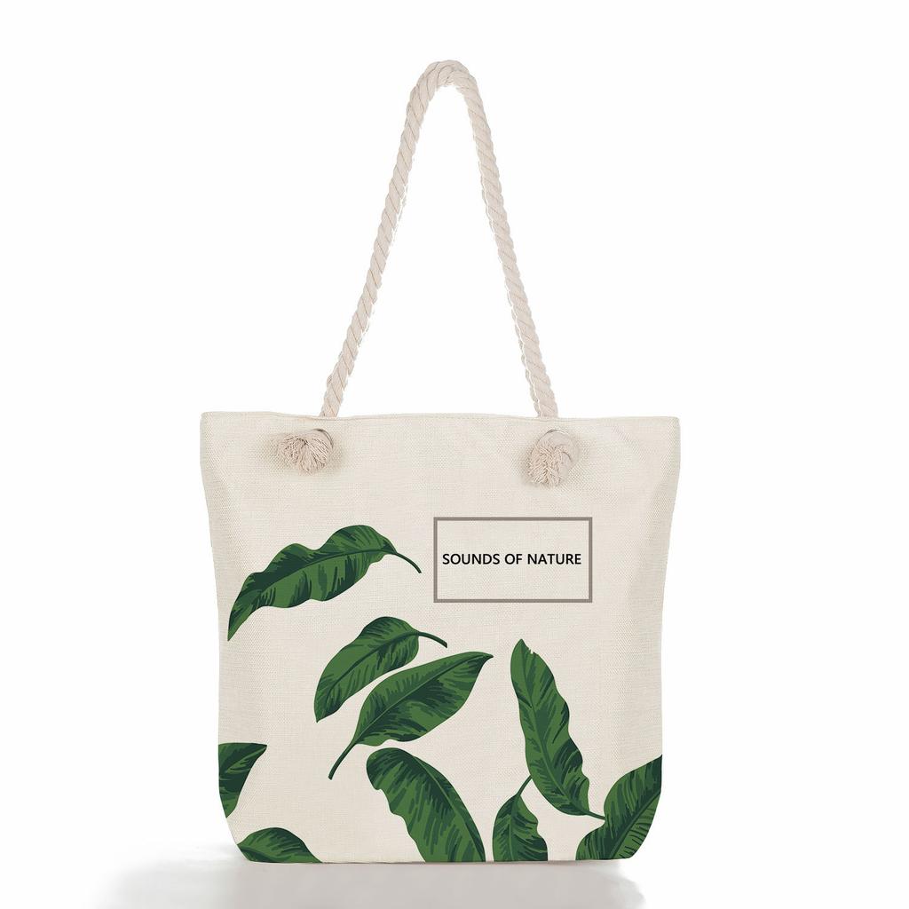 Marble green leaves print thick rope single-shoulder beach bag 7273 CLE