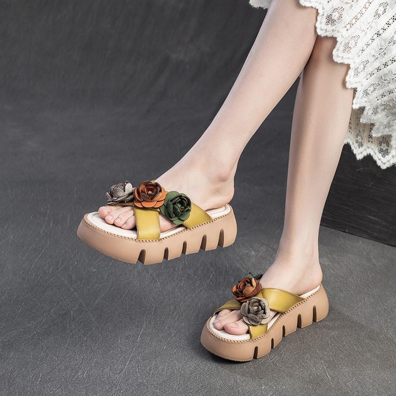 Johnature Женские туфли ручной работы с открытым носком в стиле ретро с цветочным принтом, легкие уличные тапочки из натуральной кожи на толстой подошве