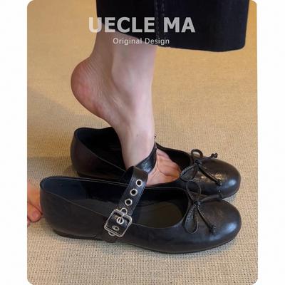 Овчина~ Натуральная кожа Французские туфли-одинарки женские универсальные туфли на плоской подошве с открытым верхом балетки бантик ретро туфли Мэри Джейн