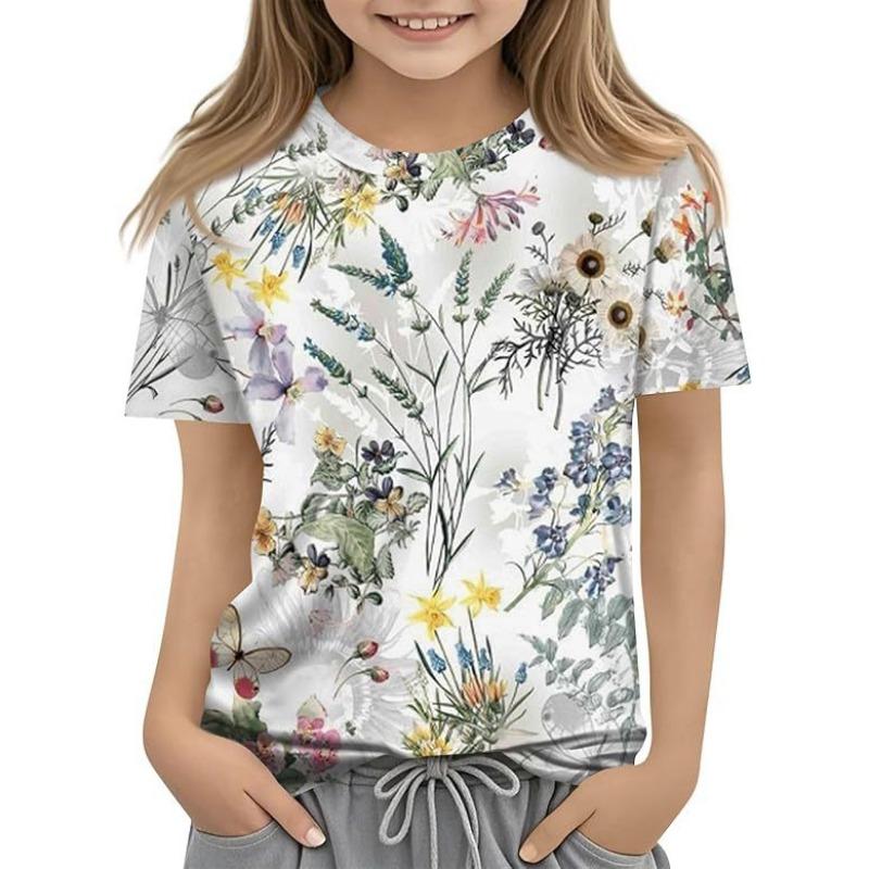 Детская футболка с 3D-принтом, новая повседневная универсальная детская одежда с цветочным 3D-принтом, футболка с короткими рукавами и круглым вырезом
