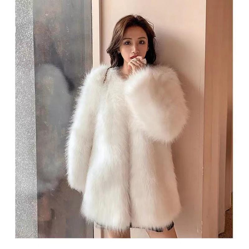 Womens Faux Fox Fur Coat Mid-Length Plus Size Elegant Winter Outerwear Black Gray White Pink