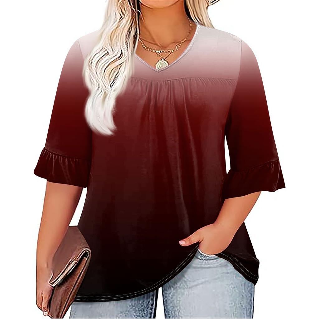 Женская мода, повседневная плиссированная футболка с v-образным вырезом и принтом, семиминутная футболка с рюшами и рукавами, топы больших размеров
