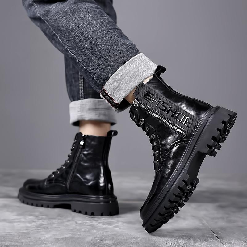 FashionMale Leather Motorcycle Boots 2024 New Warm Winter Footwear Mens All-match Casual Shoes High Top Versatile Classics Male Boots