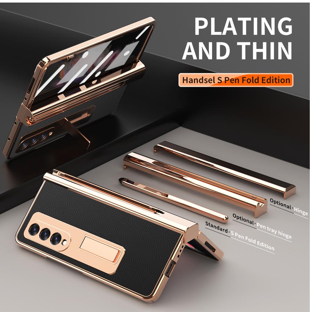 Plating Leather Case For Samsung Galaxy Z Fold 6 4 3 2 5 360 Full Protection Tempered Glass Kickstand Phone Cover