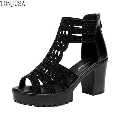 Сандалии-гладиаторы на высоком каблуке, женские пикантные туфли на платформе с открытой головкой и заклепками, летние женские сандалии на молнии сзади, размер 35-40