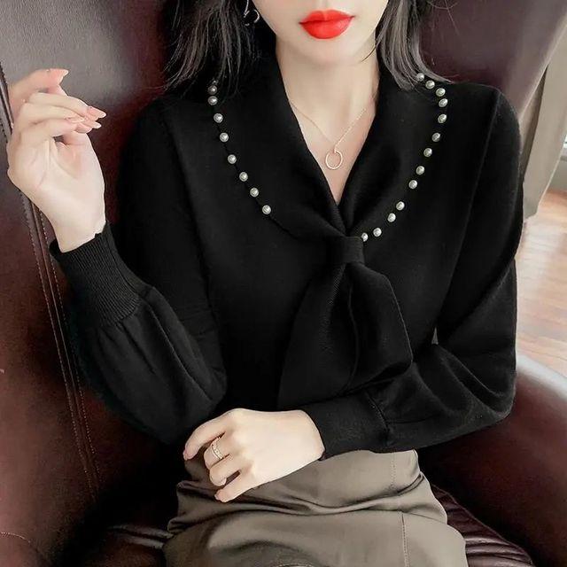 Модная блузка с длинным рукавом с v-образным вырезом и бантом, свободные повседневные пуловеры с длинным рукавом, женская одежда, рубашка