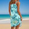 Women Beach Dress Sling Sleeveless Loose Waist Mini Dress Ocean Pattern Summer Vacation Dress Holiday Outfit
