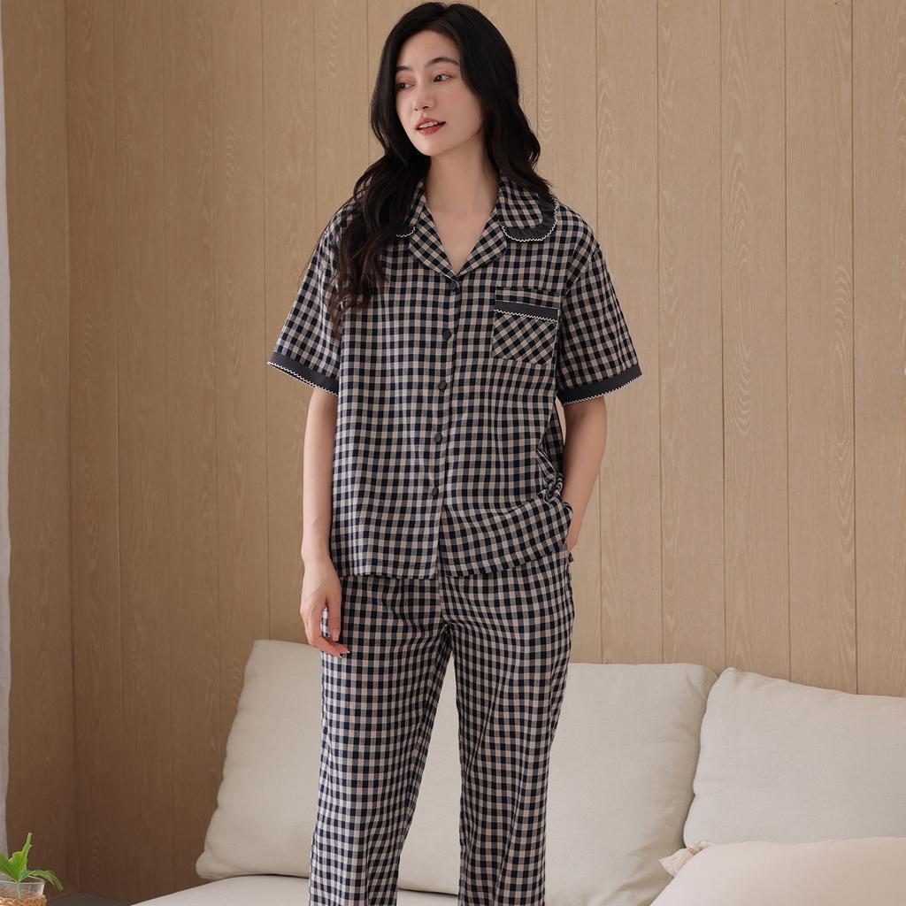 Woven cotton gauze pajamas women's summer thin cotton short-sleeved trousers mother cotton large size can be worn outside loungewear