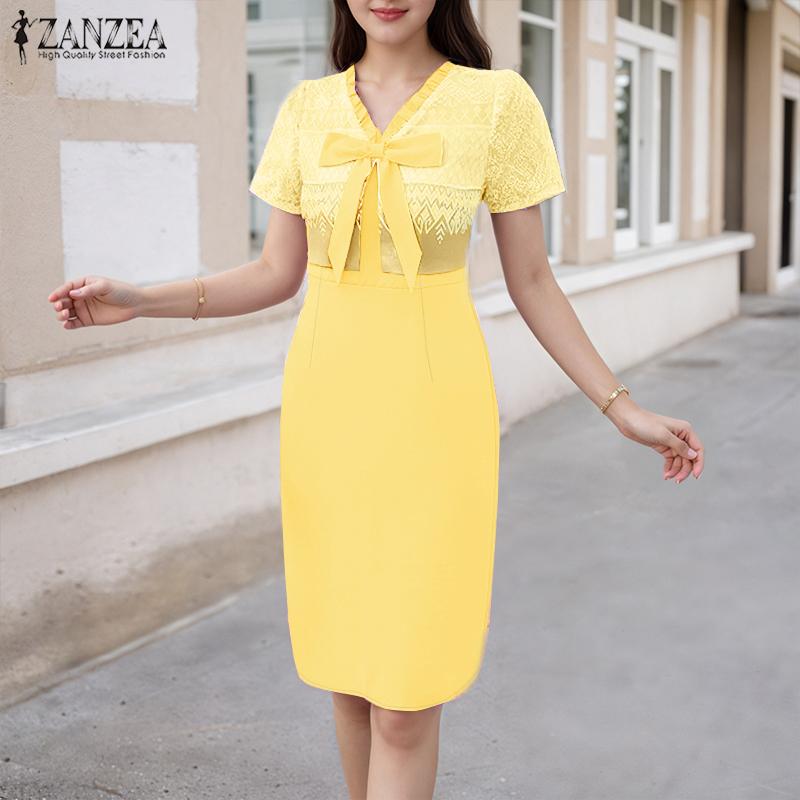 ZANZEA Женское платье с принтом, пэчворк, V-образным вырезом, летнее, повседневное, с коротким рукавом