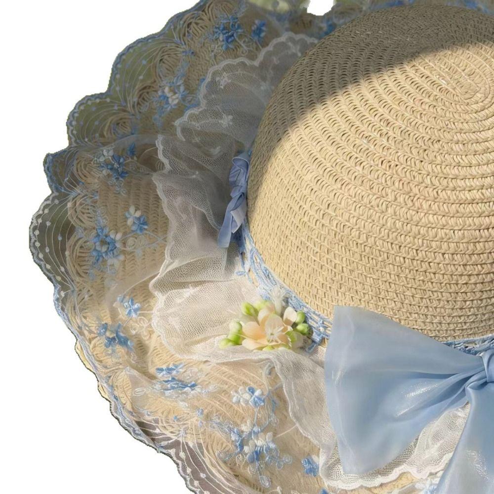 Breathable Lace Brim Sunshade Cap Elegant Outdoor Beach Hat Woman's Straw Hat Casual Wear
