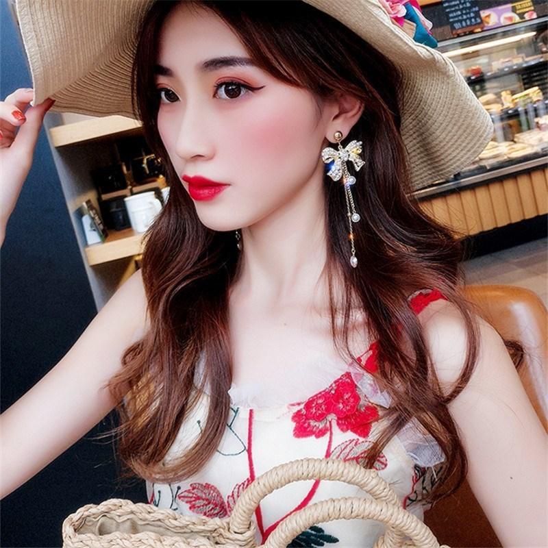 925 серебряные иглы со стразами бант кисточки серьги нишевые серьги высокого чувства мода преувеличенные жемчужные серьги