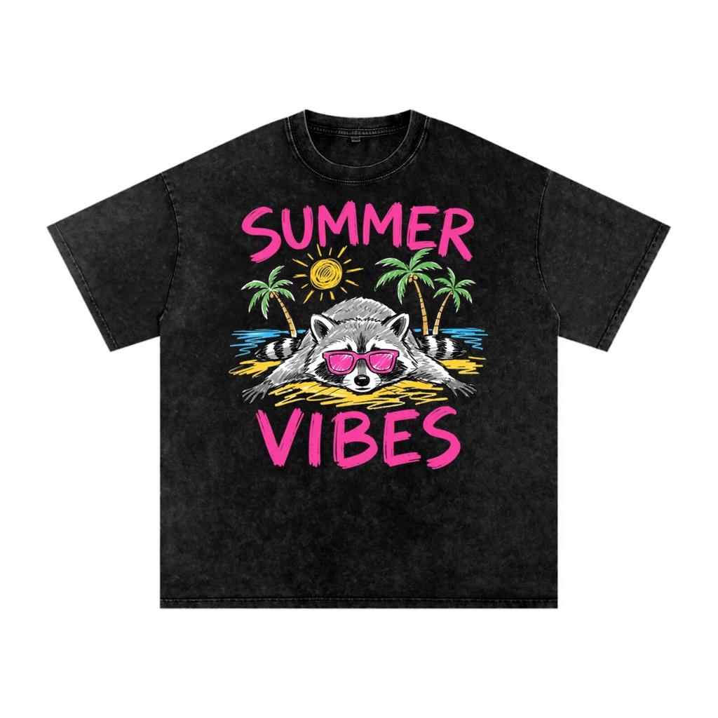 Summer Vibes Racoon | Snow Washed Oversized Cotton T-Shirt and kids shirt