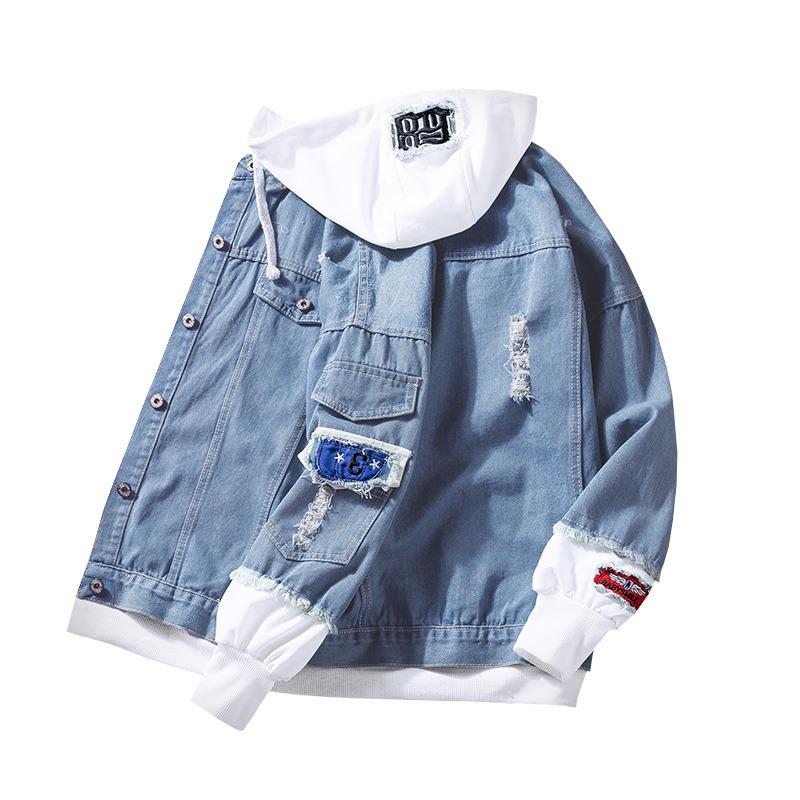 Мужская джинсовая куртка в корейском стиле с капюшоном, повседневная, универсальный дизайн для пары на осень/весну, имитация двух предметов