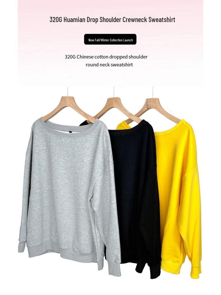 Модный женский свитшот с опущенными плечами - 2025 Huamian, с круглым вырезом, 320 г, свободный крой, пуловер, модная верхняя одежда