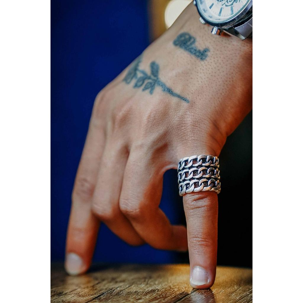 Регулируемое состаренное мужское кольцо с тройной цепочкой и посеребренным покрытием