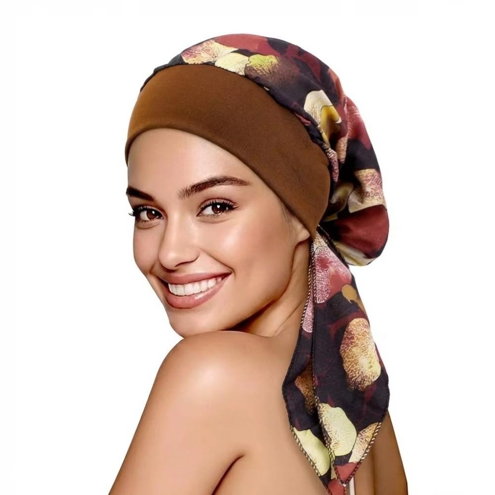 Flower Print Long Tail Head Wraps Elastic Fabric Chemo Beanies Cap New Elastic Hijab Hat For Women