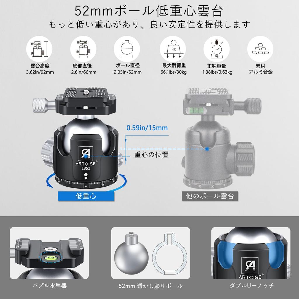 ARTCISE Компактный дорожный штатив из углеродного волокна диаметром 36 мм, комплект с шаровой головкой 52 мм с низким центром тяжести, легкий штатив из углеродного волокна с быстросъемной площадкой