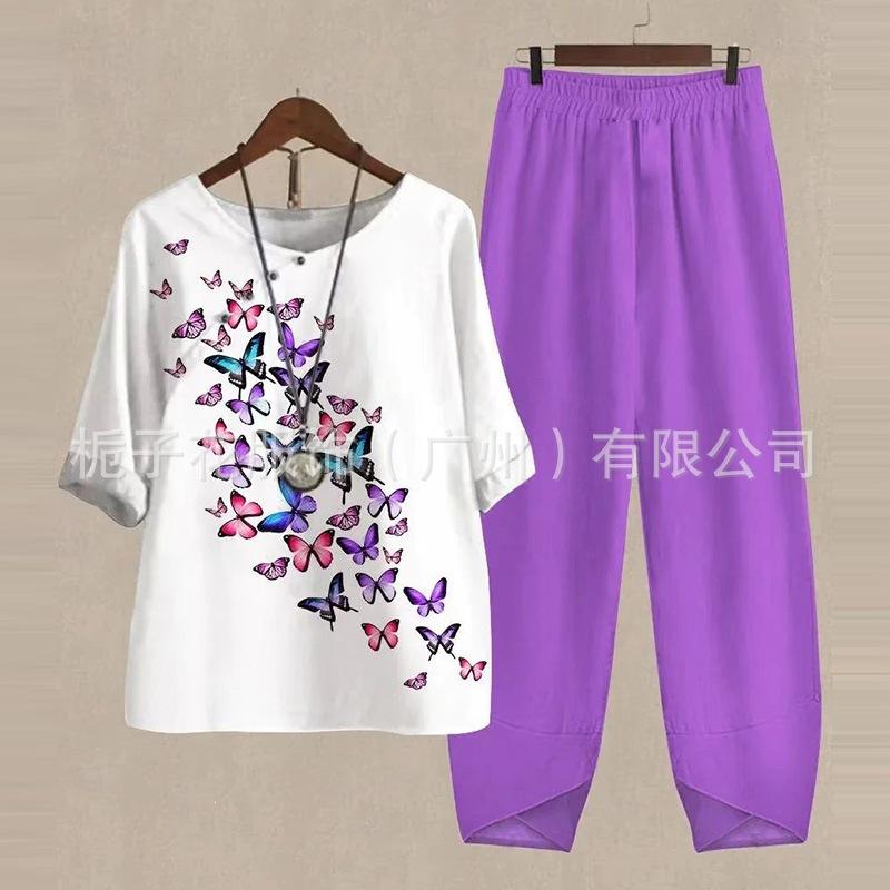 1116 new women's clothing, casual round neck five-quarter sleeve top, digital printing women's two-piece suit