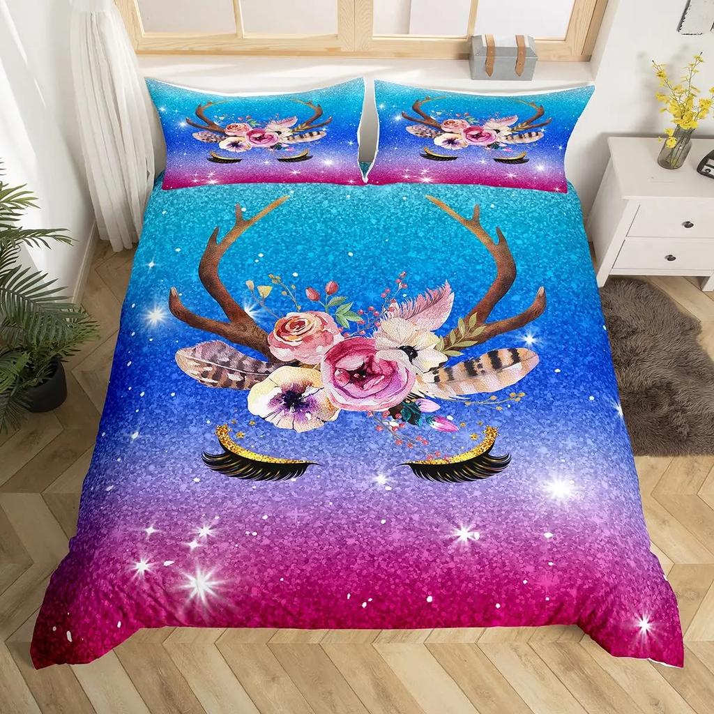 Unicorn Eyelas Duvet Cover Gradient Red and Purple Rainbow Golden Long Lashes Glittering Polyester Bedroom Decorations Women Kid